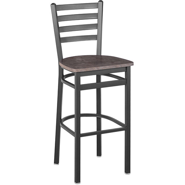 A BFM Seating black steel ladder back barstool with a wooden seat.