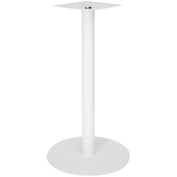 A white steel pedestal base for a round table.