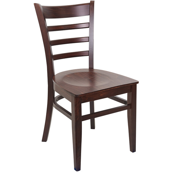 A BFM Seating Berkeley wooden side chair with a dark brown finish.