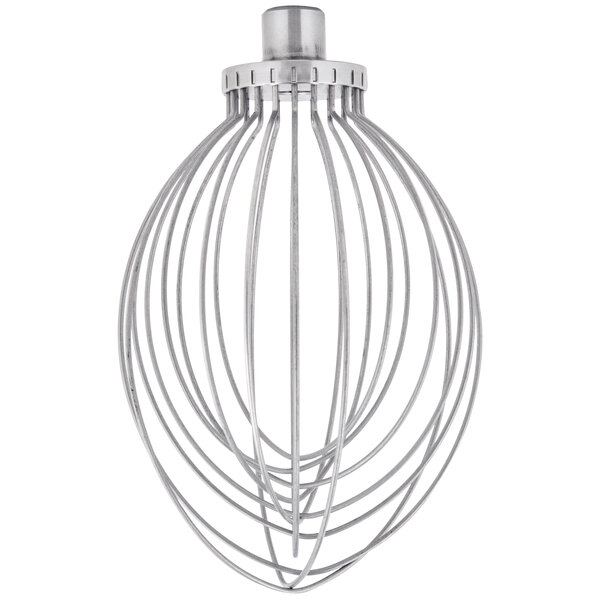 A Hobart stainless steel wire whip with a handle.