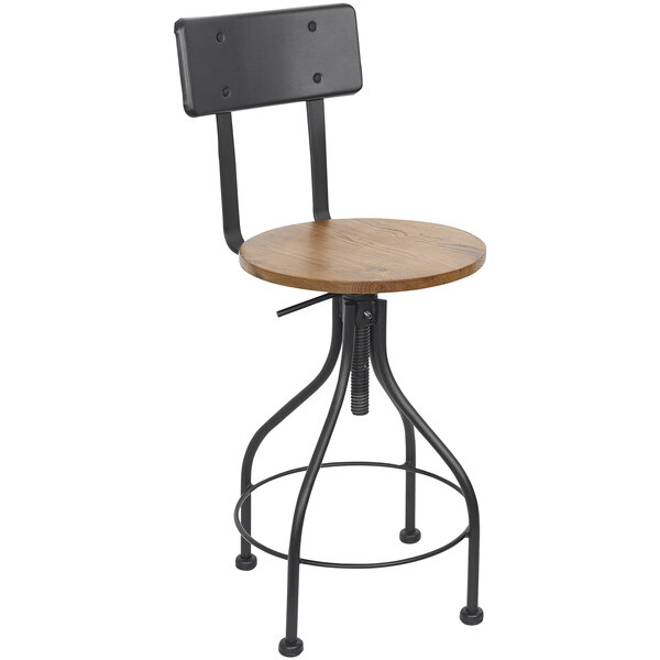 A BFM Seating Lincoln black steel bar stool with a wood seat and metal base.