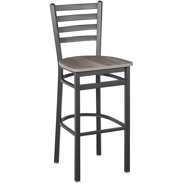 A BFM Seating black steel barstool with a wooden seat.