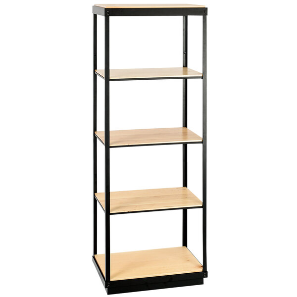 A Cal-Mil maple shelf with black metal frame and four shelves.