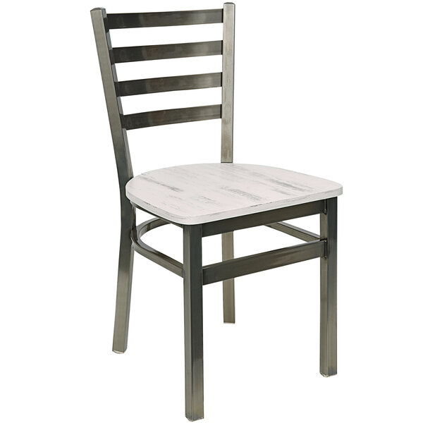 A BFM Seating Lima clear coated steel ladder back chair with a white seat.