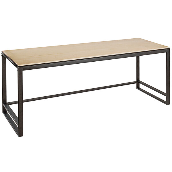 A Cal-Mil maple merchandising table with metal legs.