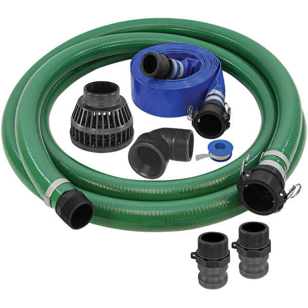 A green Pacer Pumps water hose with black plastic fittings.