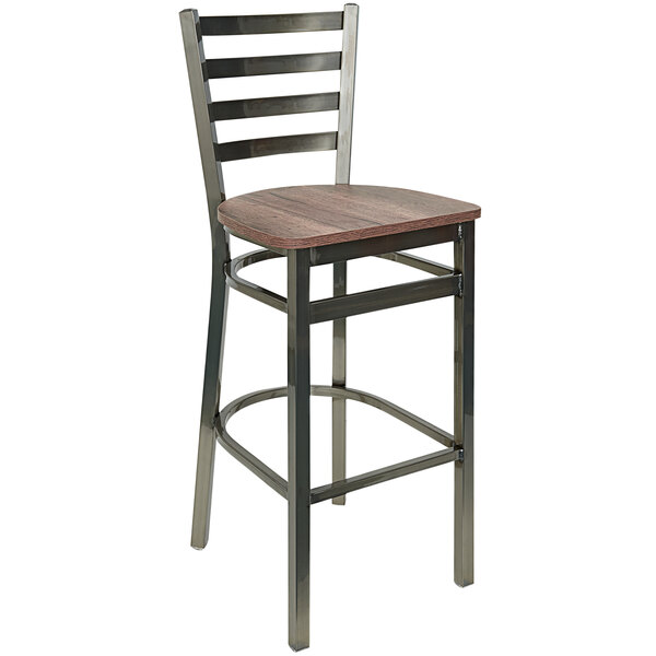 A BFM Seating metal barstool with a wooden seat and ladder back.