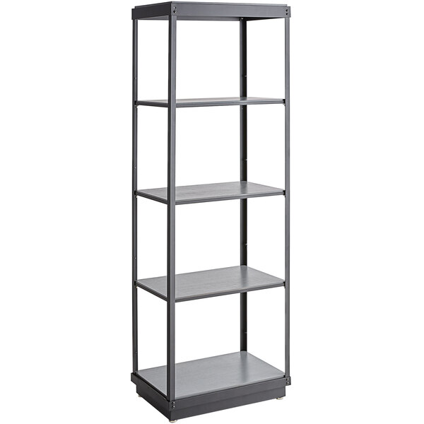 A gray wood shelving unit with five shelves on a black metal frame.