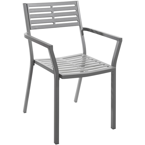 A BFM Seating Daytona soft gray powder-coated steel outdoor restaurant chair with armrests.