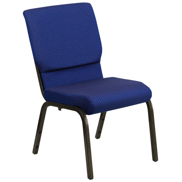 A navy blue church chair with a white dot pattern and a metal frame.