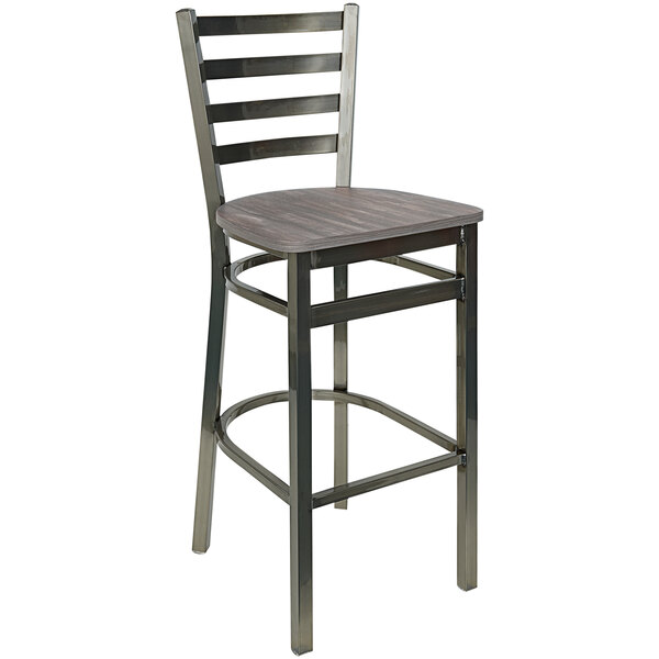 A BFM Seating metal barstool with a clear coated steel ladder back and a wooden seat.