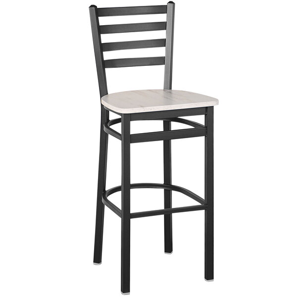A BFM Seating Lima black steel ladder back barstool with a white seat.