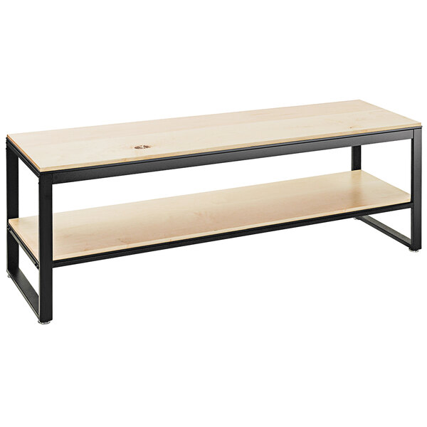 A maple nesting merchandising table with black trim and two shelves.