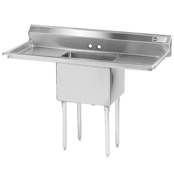 A stainless steel Advance Tabco single bowl sink with two drainboards.
