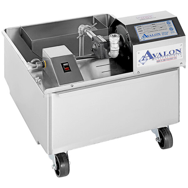 An Avalon fryer oil filtration machine with a stainless steel tank on casters.