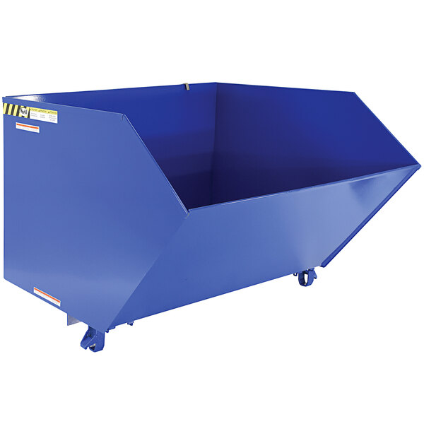A blue metal container on wheels.