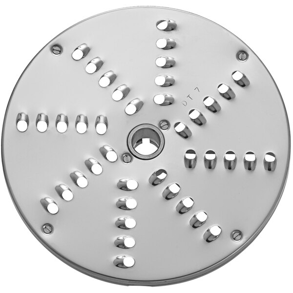 A circular metal Sirman grating / shredding disc with holes in it.