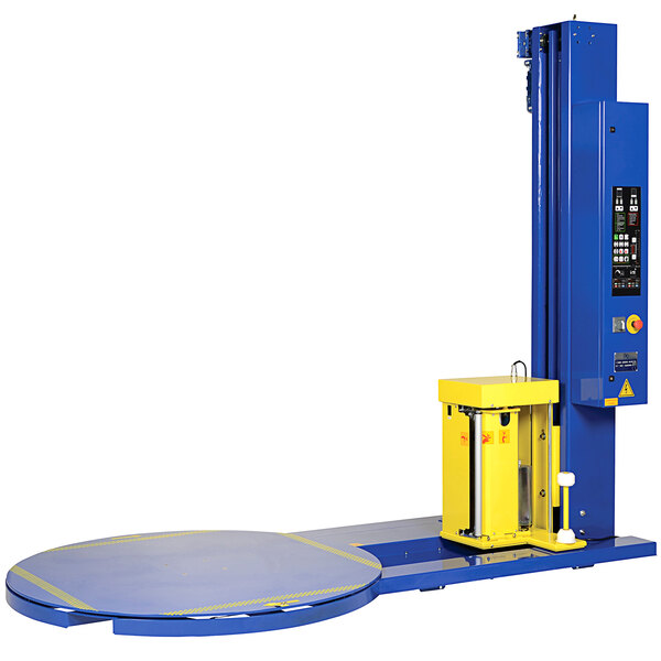 A blue and yellow Vestil automatic stretch wrapping machine with blue digital controls.