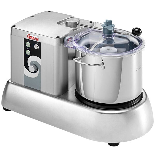 A Sirman C9 PLUS food processor with a silver bowl and black lid.