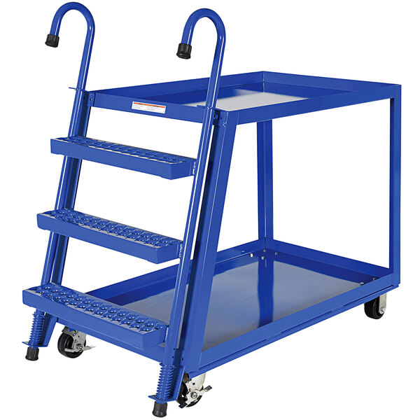 A blue metal cart with 2 shelves and a ladder.