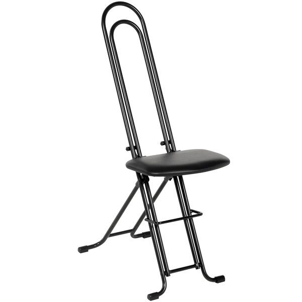 A black folding chair with a metal frame and black seat.