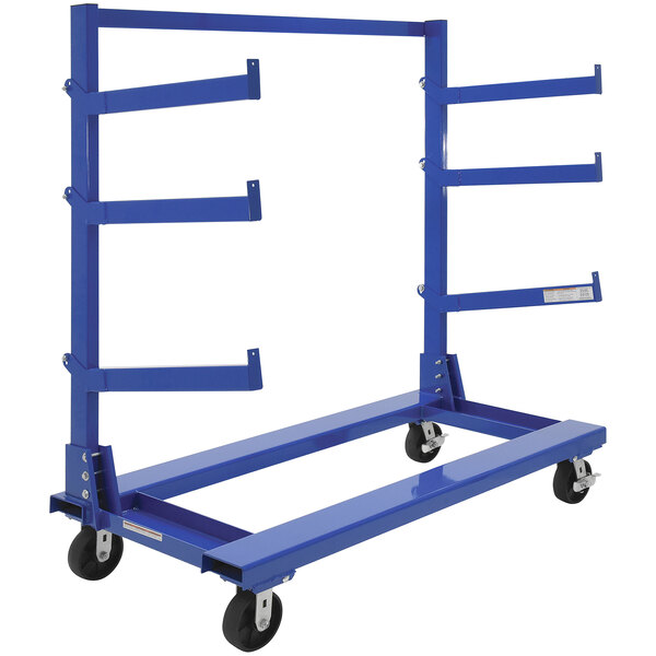 A blue metal Vestil Cantilever Cart with 6 adjustable arms.