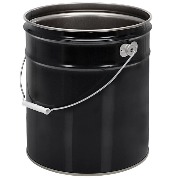 A black steel pail with a white handle.