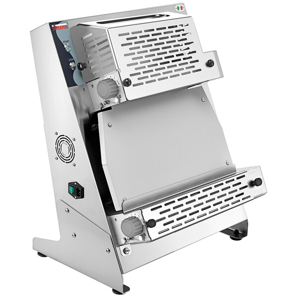 A Sirman P-ROLL 420 dough sheeter on a white background with silver surfaces.