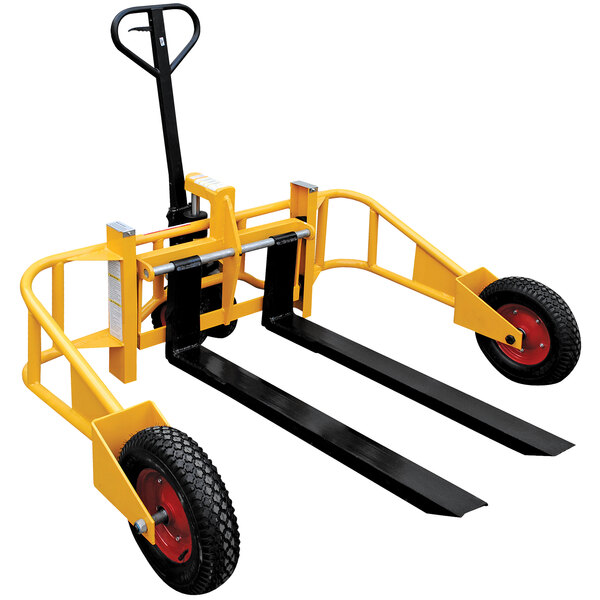 A yellow and black Vestil All-Terrain Pallet Truck with adjustable forks and wheels.