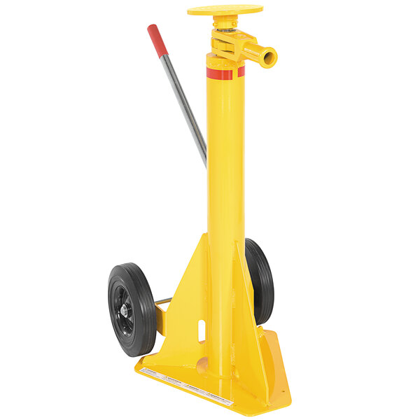 A yellow Vestil trailer ratchet jack with a red handle.