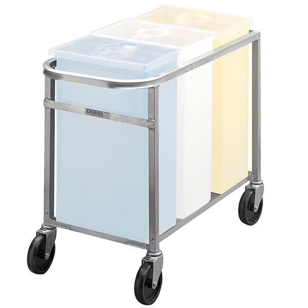 A Channel aluminum cart with three clear plastic containers on it.