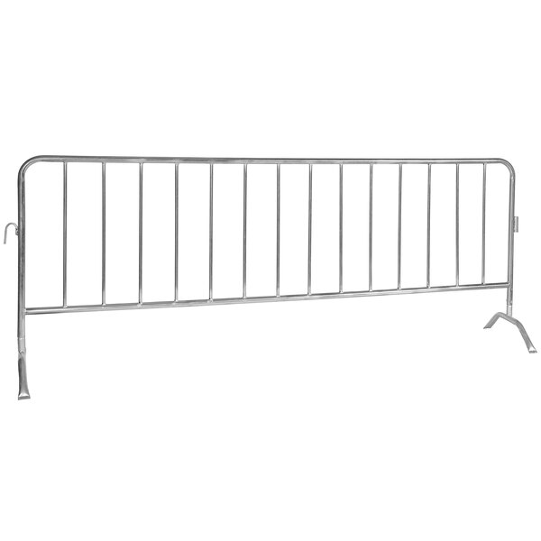 A Vestil galvanized steel crowd control barrier with curved feet on a white background.
