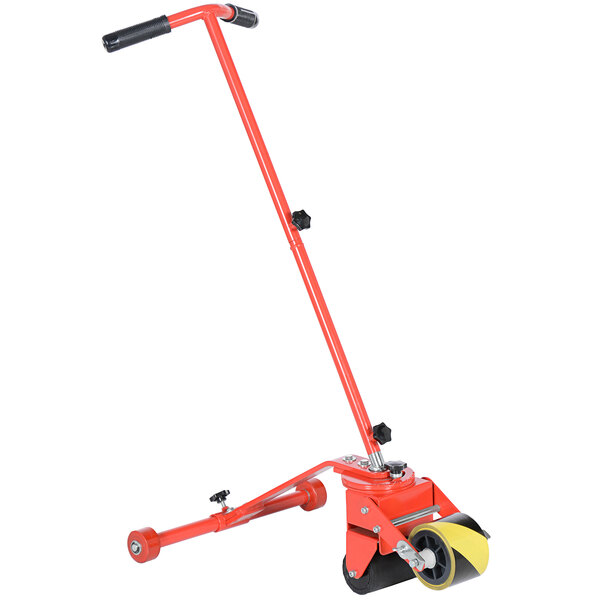 A red wheeled floor tape applicator with a yellow handle.