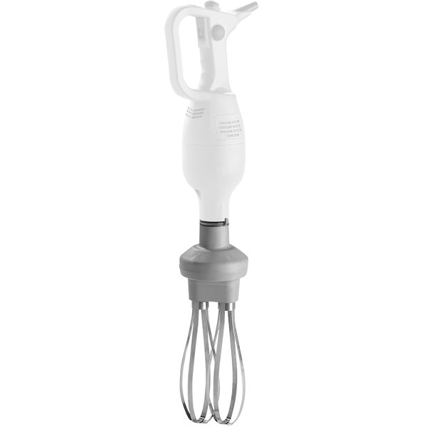 A white whisk attachment for a Sirman Vortex immersion blender.