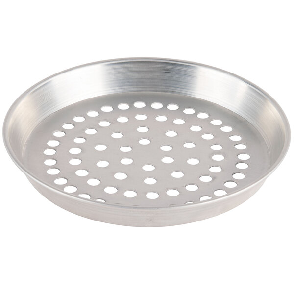 An American Metalcraft aluminum deep dish pizza pan with a silver color and holes.