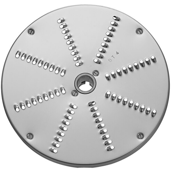 A circular metal Sirman grating / shredding disc with small holes.