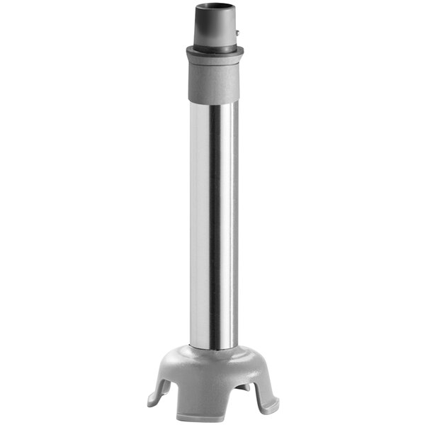 A stainless steel Sirman immersion blender shaft with a round base.