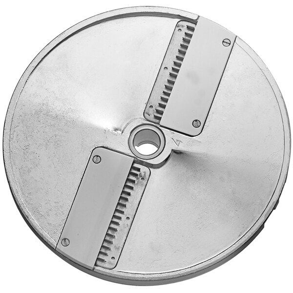 A circular metal Sirman Julienne Cutting Disc with 2 blades and holes.