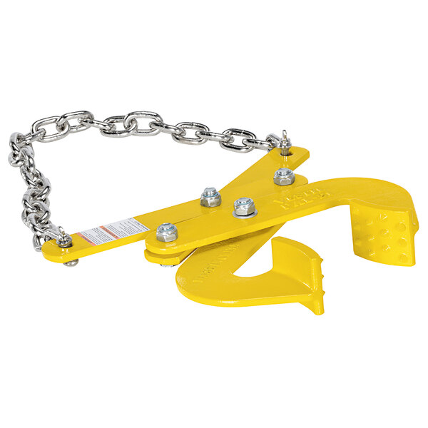 A yellow steel Vestil pallet puller with a chain attached to it.