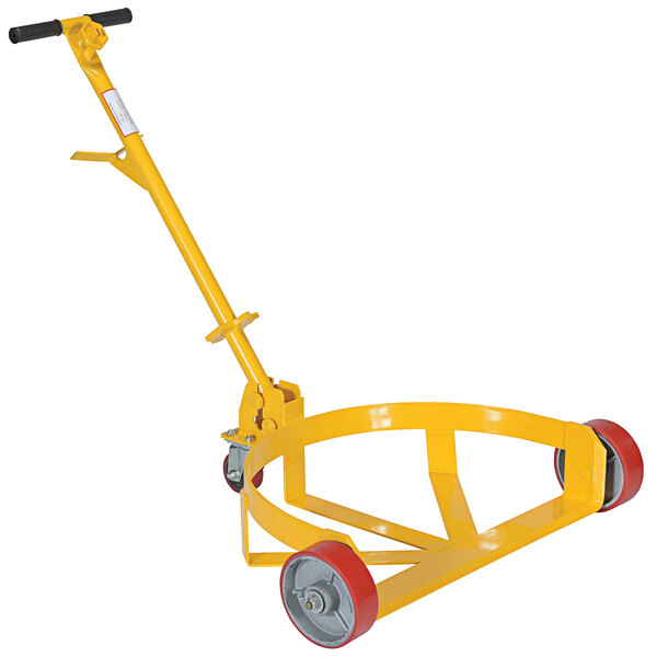 A yellow low-profile steel drum caddy with wheels.