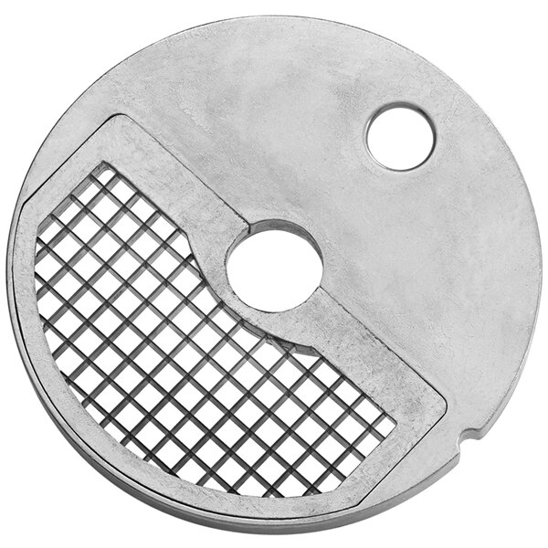 A circular metal Sirman dicing grid with holes in it.