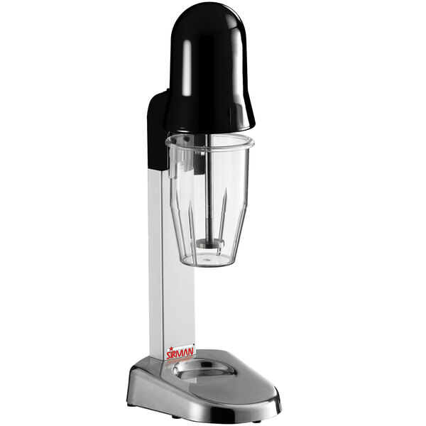 A Sirman single spindle drink mixer with a black and silver base and cap.