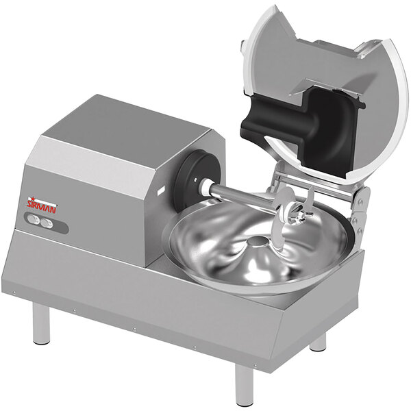 A Sirman commercial food processor with a circular metal object on top.