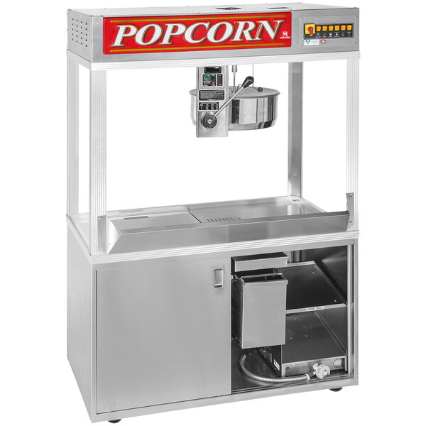 A Cretors floor model popcorn popper with a stainless steel cabinet.