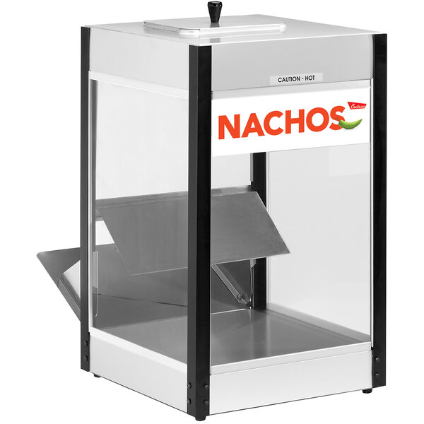 A Cretors nacho chip display case on a stadium concession counter.