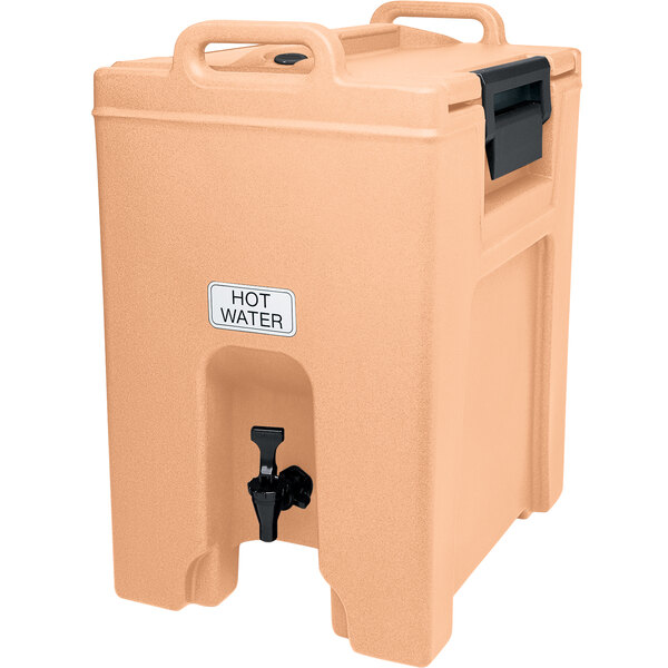 A beige plastic Cambro insulated beverage dispenser with a black tap.