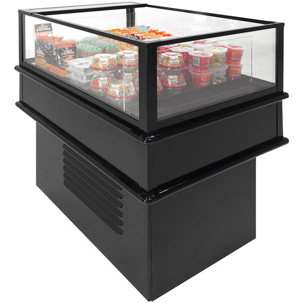 A black Structural Concepts mobile island air curtain merchandiser with food inside.