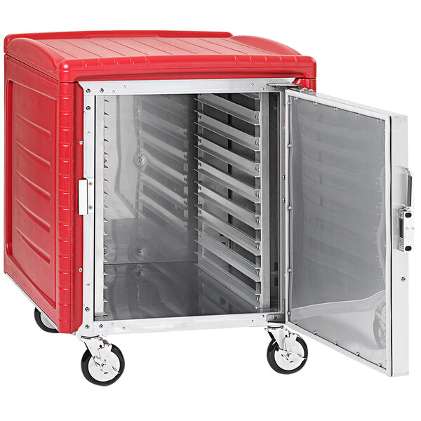 A red and silver Metro C5 half size insulated transport cabinet with a door open.