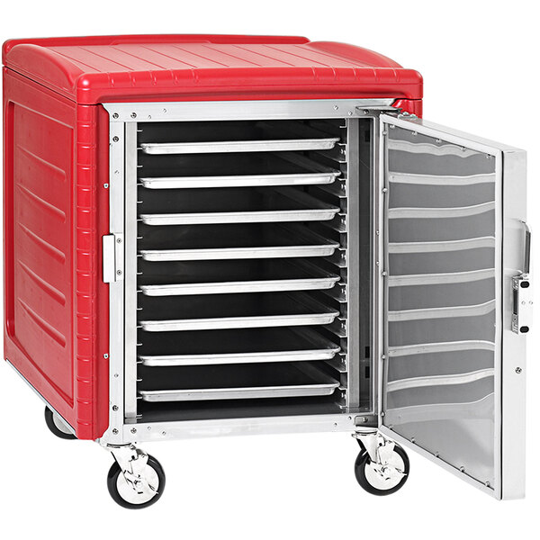 A red and silver Metro C5 half size insulated food storage cabinet on wheels with a door open.