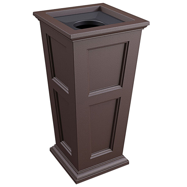 A brown rectangular Mayne decorative waste bin with a square black lid on an outdoor patio table.